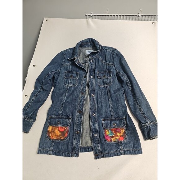 Old Navy Womens Denim Jean Jacket Size L Snap Painted Pockets & Back Art To Wear - Picture 1 of 8